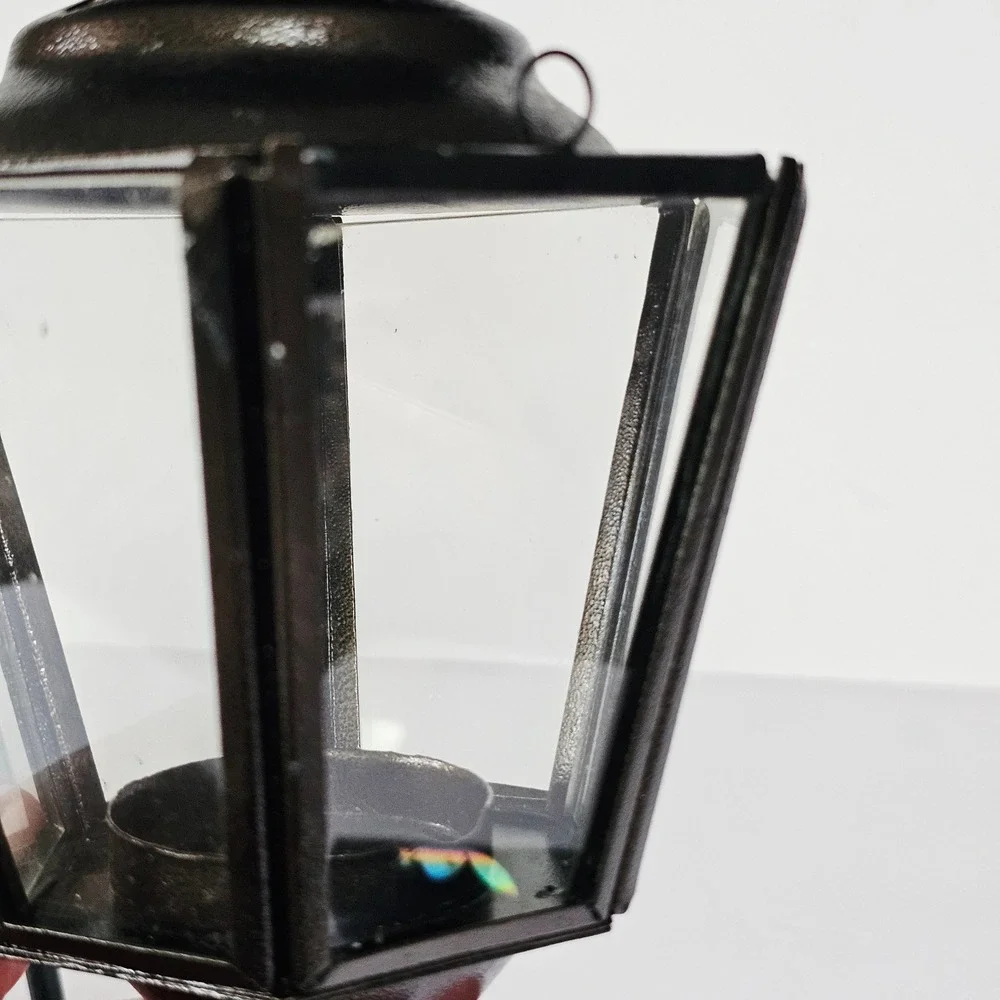 Vintage Indian Hanging Glass Lantern Black Metal Stand Gothic Witchy Home Decor